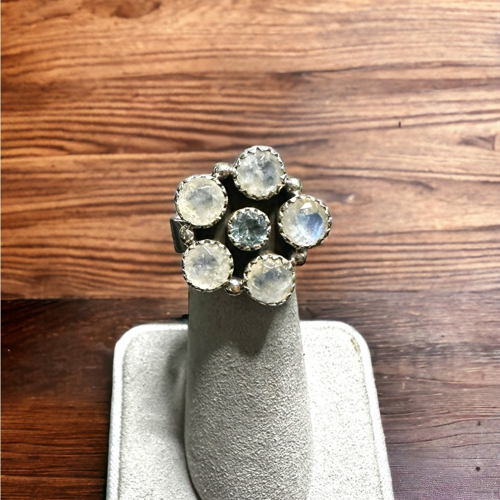 Blue Topaz & Moonstone in Solid Steel Silver Ring